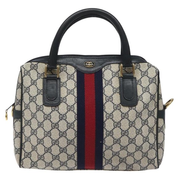 GUCCI GG Supreme Sherry Line Hand Bag PVC Leather Navy Red - Picture 2 of 16